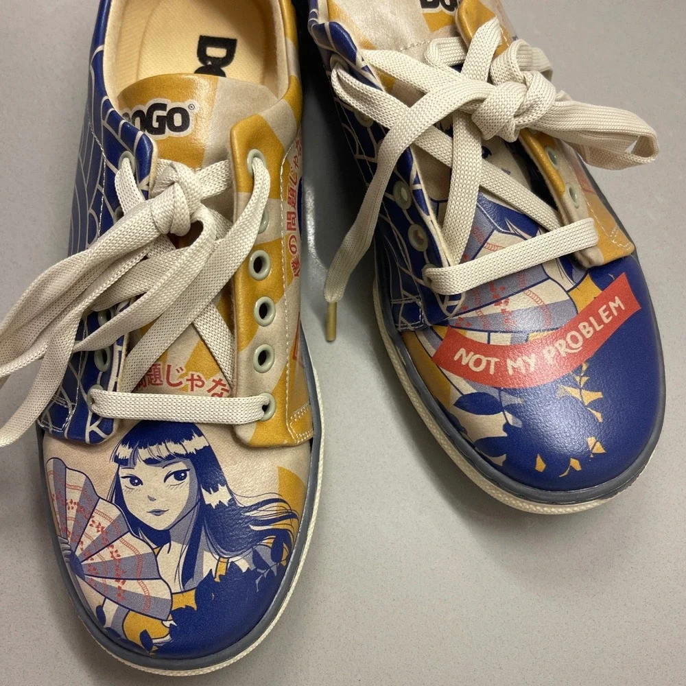DOGO Not My Problem Anime Graphic Sneakers Blue Yellow Vegan Leather 6.5 - 7 NWT